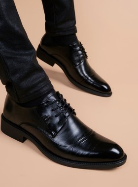 皮鞋男韩版冬季加绒内增高休闲真皮商务男鞋黑色青年英伦尖头皮鞋