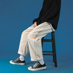 春季燈芯絨垂感休閒褲子男生韓版潮流寬鬆直筒闊腿褲