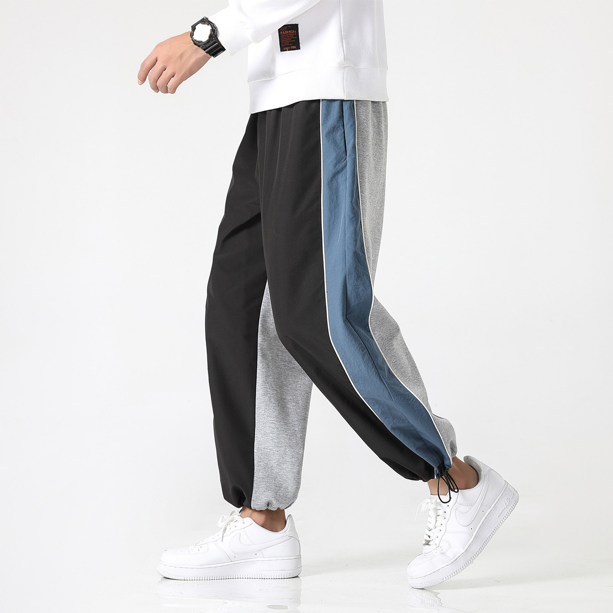 Spring new trend men's pants large casual loose stitching reflective striped Capris