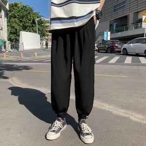 夏季休闲冰丝垂感宽松大码韩版潮流百搭运动哈伦九分裤男91-特,男25岁的穿衣搭配图片