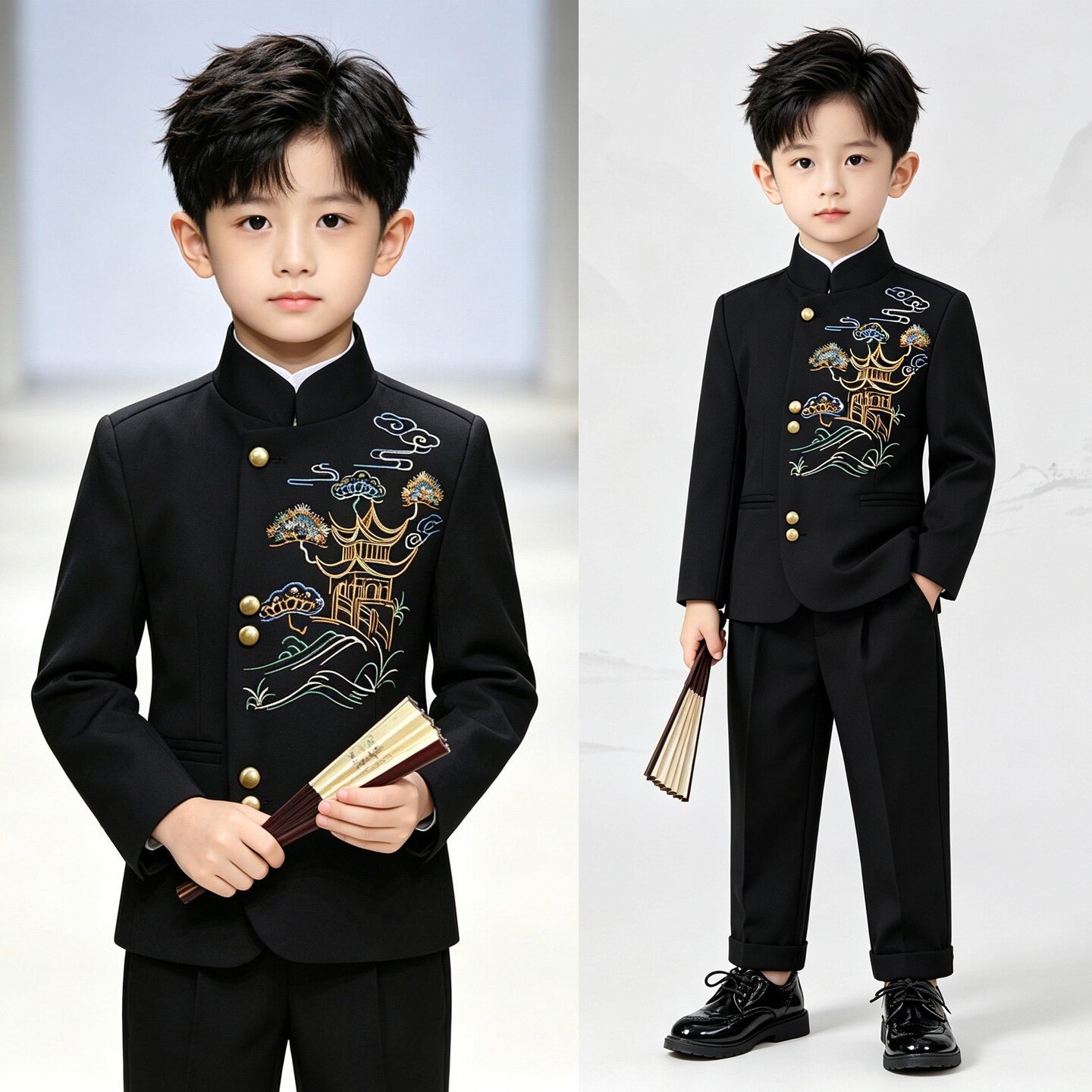 男童朗诵比赛表演服红色故事演讲服装中国风演出服中山装升旗仪式