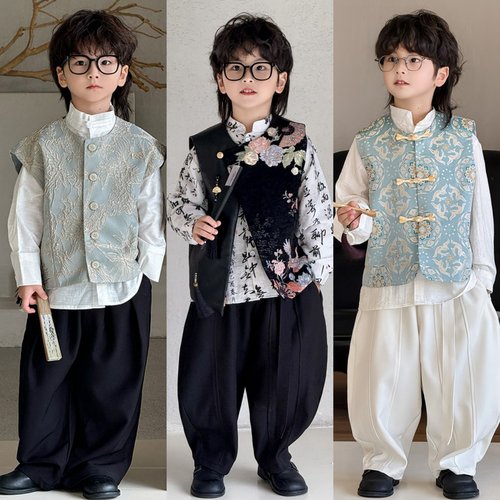 花童男童西装新中式国风儿童礼服男小主持人马甲套装生日衣服男孩