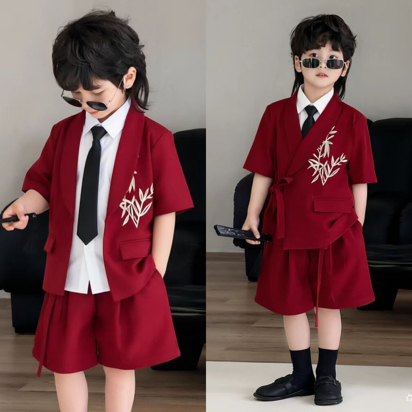 男宝小少爷套装西装红色生日礼服演出服男童中山装夏季儿童痞帅