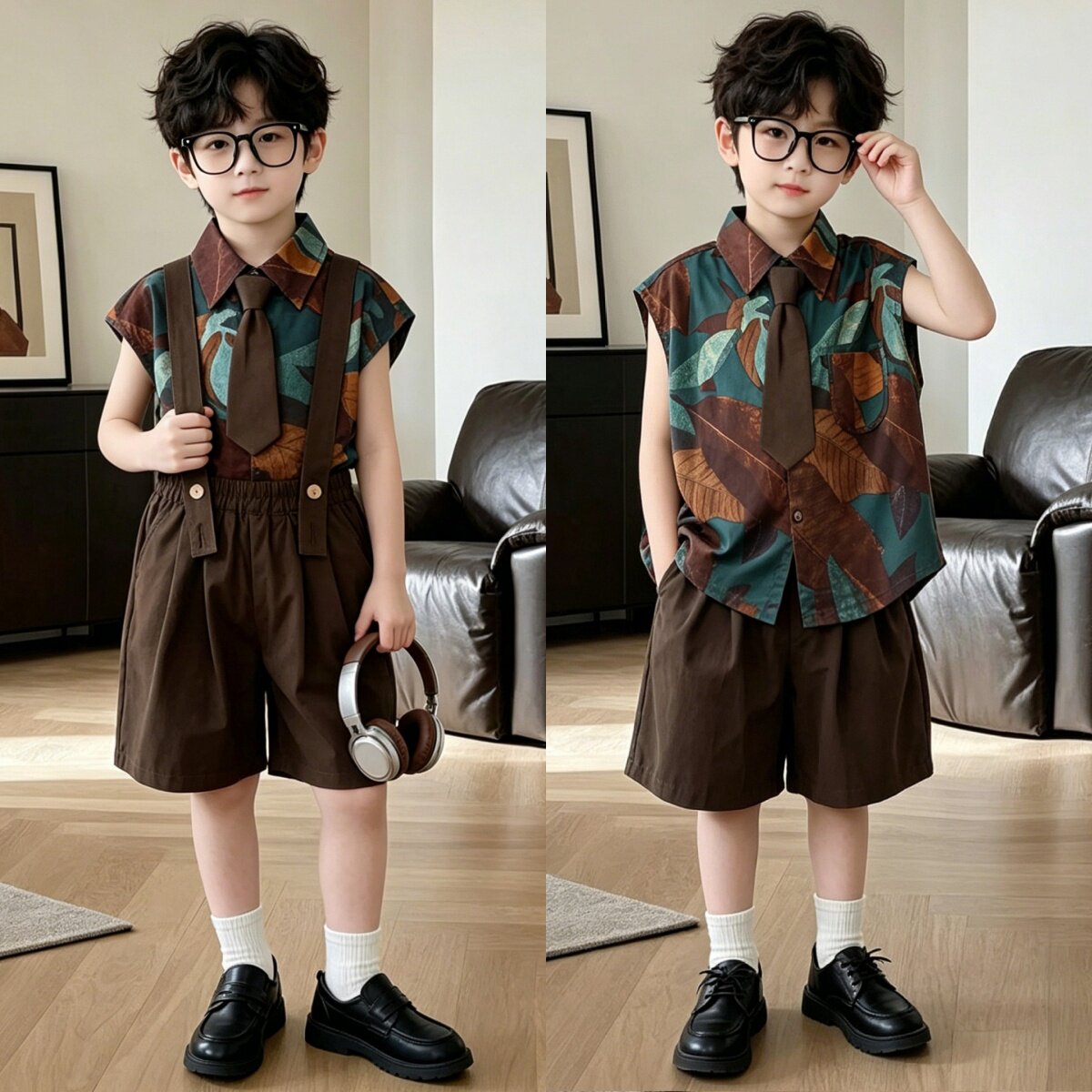 儿童模走秀演出服8090年代怀旧复古港风服装男童幼儿园背带裤礼服