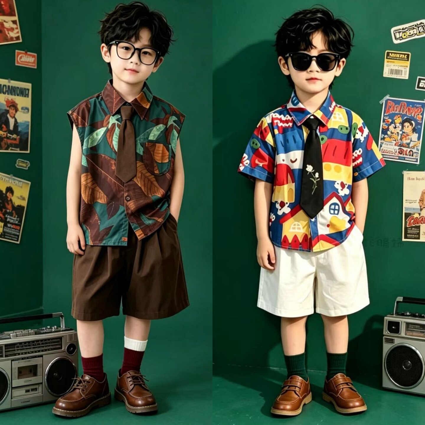儿童模走秀演出服8090年代怀旧复古港风服装男童幼儿园背带裤礼服