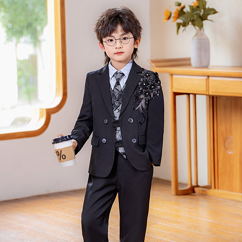 男孩十岁生日宴服装儿童痞帅小礼服男童紫色西装套装参加婚礼穿搭