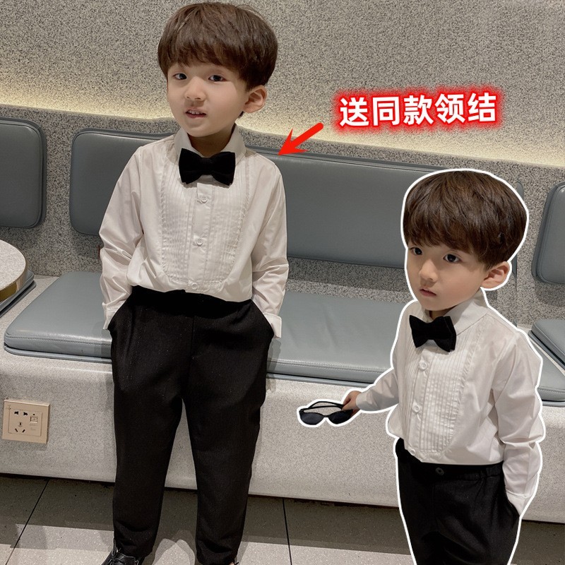 男童帅气春秋白衬衫送领结