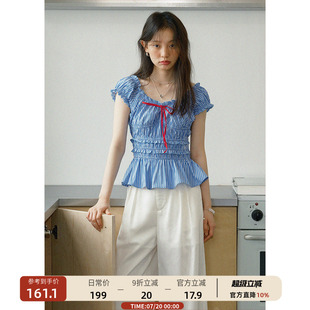 牛津抽褶收腰短袖 00新品 女荷叶边上衣夏 蓝色条纹衬衫