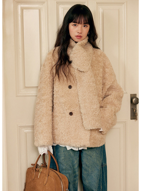 BLUEerror 真羊毛 羊羔毛皮毛一体外套女毛茸茸软糯毛绒皮草冬季