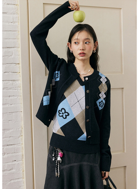 BLUEerror 慵懒菱格花朵图案毛衣开衫女提花圆领羊毛针织衫秋冬