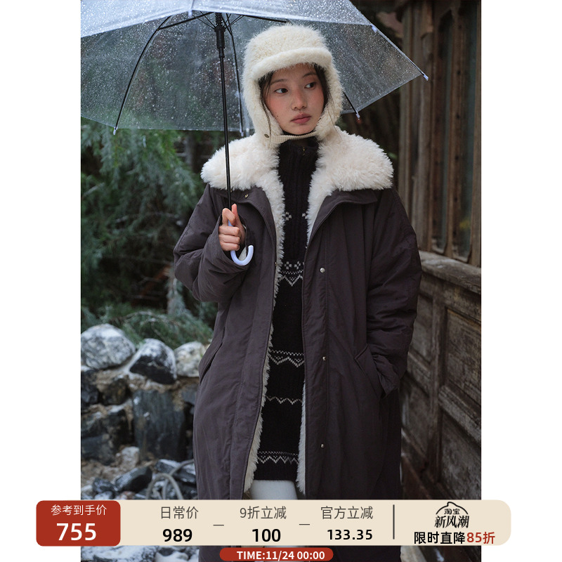 可拆毛领保暖灰色长款羽绒服