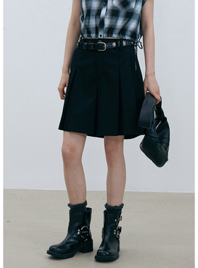 BLUEerror 高腰褶裥黑色条纹西装短裤女宽松显瘦休闲阔腿中裤夏