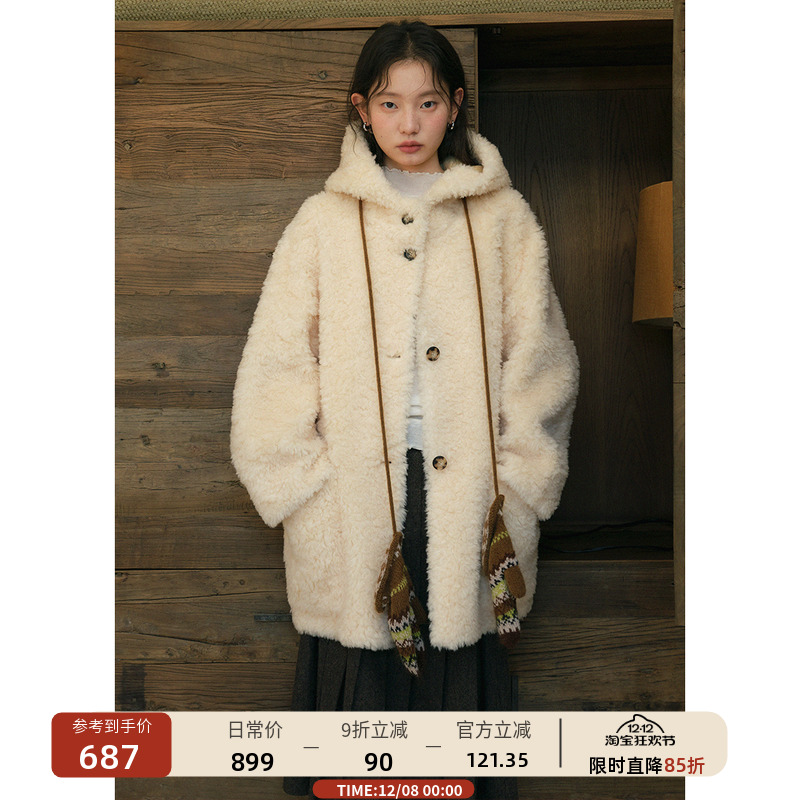 羊羔毛连帽中长款毛绒皮草