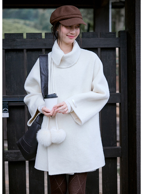 BLUEerror 毛球系带高领白色羊毛双面呢女灰色毛呢外套冬季呢子