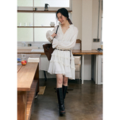 慵懒荷叶边裙子秋季 连衣裙女法式 花边v领白色收腰长袖 BLUEerror