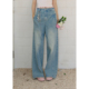 裤 BLUEerror 夏季 女松弛蓝色长裤 子 宽松拖地毛边直筒浅色牛仔裤