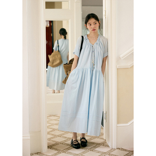 慵懒长款 蓝色连衣裙女法式 宽松长裙夏 编绳花边v领短袖 BLUEerror