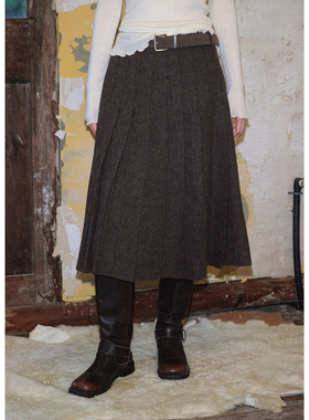 BLUEerror 羊毛高腰百褶裙加厚毛呢半身裙女法式慵懒长款裙子冬季