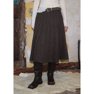 裙子冬季 慵懒长款 羊毛高腰百褶裙加厚毛呢半身裙女法式 BLUEerror