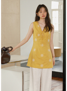 BLUEerror 绣花绑带v领刺绣背心连衣裙女度假修身法式无袖裙子夏