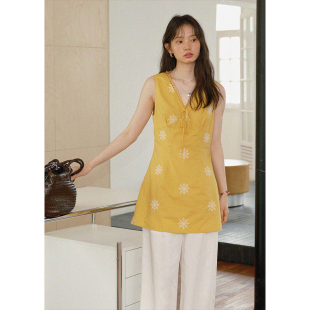 无袖 法式 裙子夏 绣花绑带v领刺绣背心连衣裙女度假修身 BLUEerror