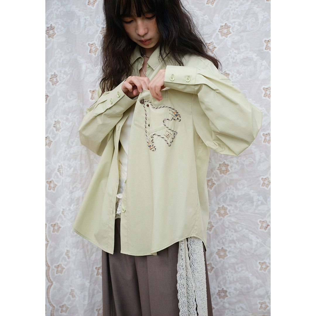 BLUEerror 手工趣味刺绣翻领绿色长袖衬衫女亲肤莱赛尔垂感衬衣春