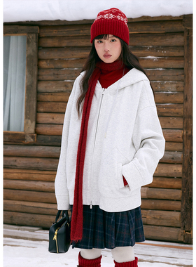 BLUEerror 宽松加绒保暖连帽拉链灰色卫衣女慵懒加厚休闲外套冬季