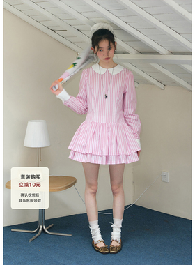 BLUEerror 娃娃领长袖粉色条纹短款连衣裙女拼接修身显瘦早秋裙子