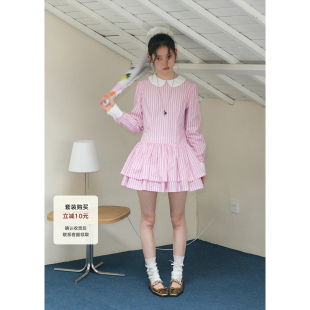 连衣裙女拼接修身 粉色条纹短款 显瘦早秋裙子 娃娃领长袖 BLUEerror