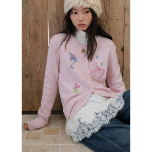 冬季 BLUEerror 女羊毛慵懒针织衫 圆领保暖毛衣开衫 小马刺绣短款