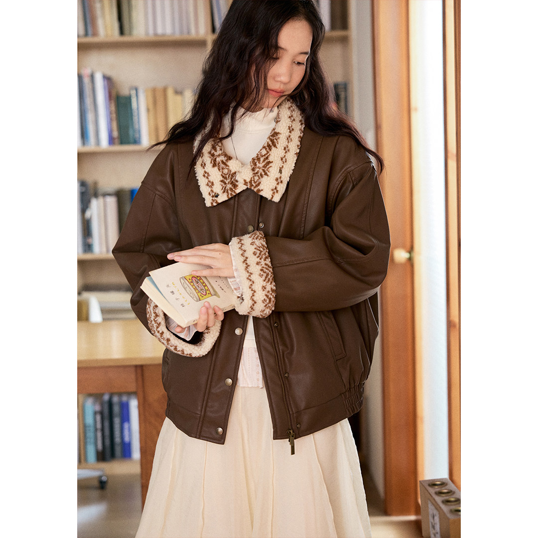 BLUEerror 宽松毛领加厚保暖皮质咖色棉服女拉链棉衣翻领夹克冬季