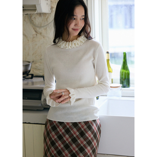 女慵懒白色套头毛衣冬季 花边领羊毛保暖针织打底衫 修身 BLUEerror