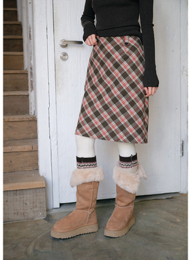 BLUEerror 羊毛直筒格子毛呢半身裙女加厚五分裙冬裙子