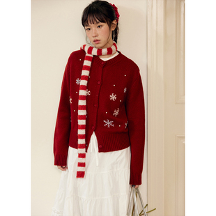 春季 女保暖针织衫 新年红色雪花刺绣慵懒圆领毛衣开衫 BLUEerror