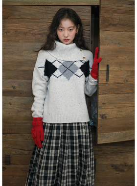 BLUEerror 全羊毛斜翻领提花菱格套头保暖毛衣女慵懒针织衫冬季