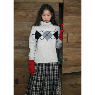 冬季 BLUEerror 全羊毛斜翻领提花菱格套头保暖毛衣女慵懒针织衫