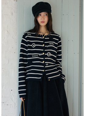 BLUEerror 手工花朵圆领条纹针织开衫女全羊毛保暖慵懒毛衣冬季