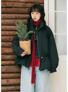 BLUEerror 花苞型抽绳收腰立领黑色短款羽绒服女加厚保暖上衣冬季