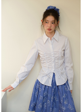 BLUEerror 收腰显瘦独特抽绳白色条纹长袖衬衫女修身翻领衬衣早秋