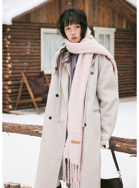 BLUEerror 全羊毛假两件显瘦连帽双面呢大衣女长款灰色呢子冬季