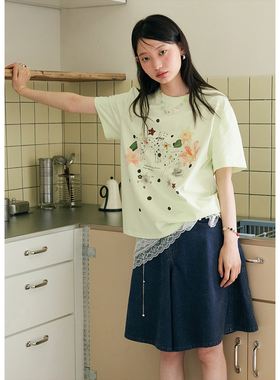 BLUEerror 独特小狗涂鸦印花绿色圆领短袖T恤女宽松慵懒上衣夏季