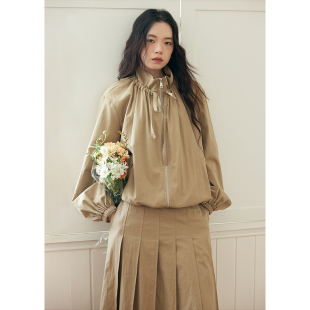 BLUEerror 立领抽褶系带宽松夹克外套女垂顺休闲卡其色上衣秋季