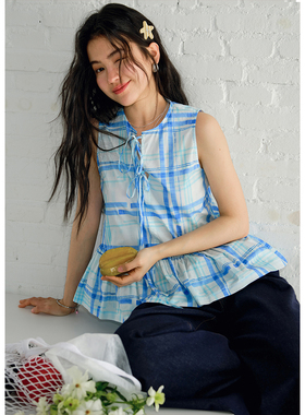 BLUEerror 无袖显瘦露肩绑带蓝色格子衬衫女慵懒花边背心上衣夏季
