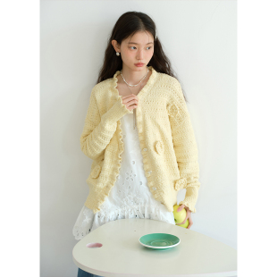 BLUEerror 女慵懒外套立体花朵毛衣早秋 手工钩花镂空v领针织开衫