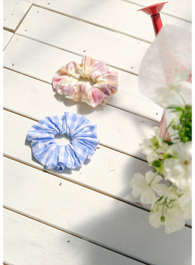 BLUEerror 独特印花格纹大肥肠圈女丸子头发圈马尾发绳新款发饰