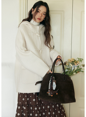 BLUEerror 圈圈羊毛牛角扣连帽双面呢女黑色毛呢外套秋冬呢子大衣