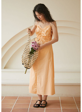 BLUEerror 宽松高腰露背v领纯棉吊带连衣裙女长款显瘦长裙夏季