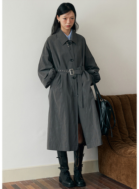 BLUEerror 宽松翻领搭袢休闲灰色长款风衣女气质显瘦皮质外套秋季