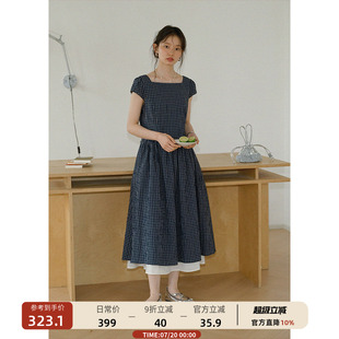 收腰裙子夏季 连衣裙女法式 格子短袖 00新品 方领小飞袖
