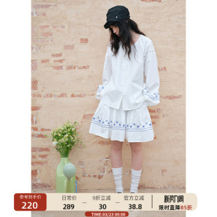 00新品 女法式 绑带圆领衬衣春 衬衫 白色长袖 刺绣灯笼袖